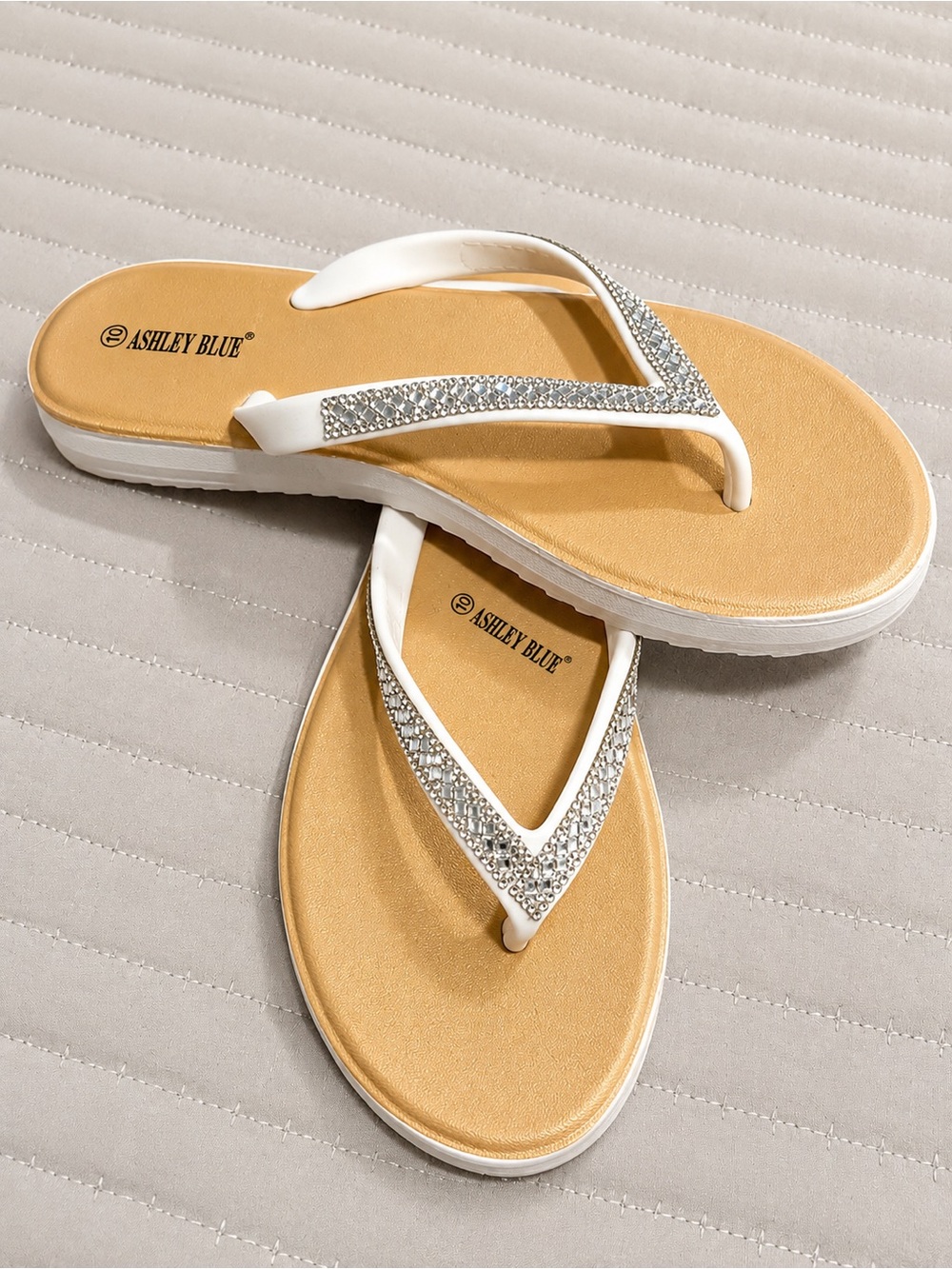 Ashley Blue White Rhinestone V-Strap Sandals